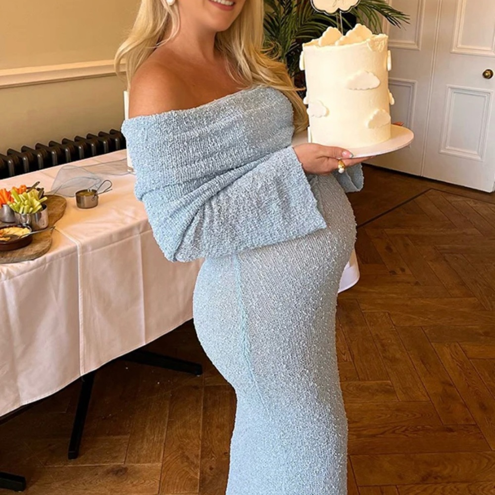 Momyknows Blue Knitted Off Shoulder Baby Shower Dress